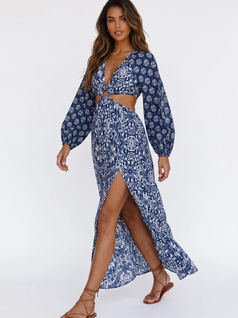 Abercrombie & Fitch Navy and White Printed Cutout Maxi Dress